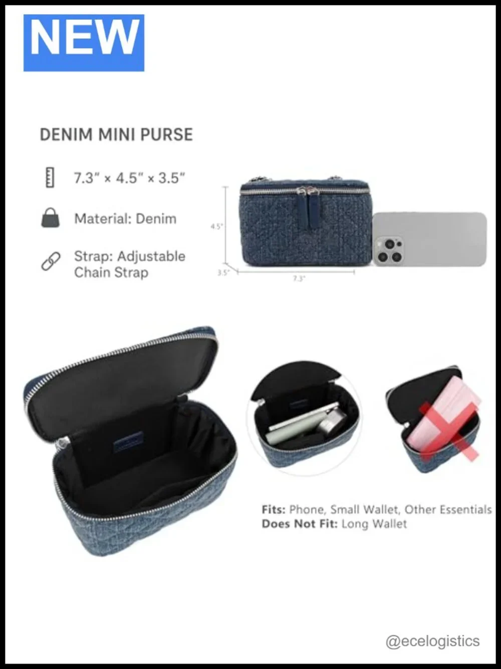 Mini Quilted Denim Crossbody Bag with Adjustable Chain Strap